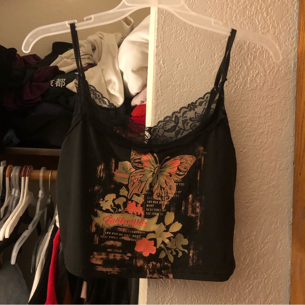 y2k black lace butterfly tank top